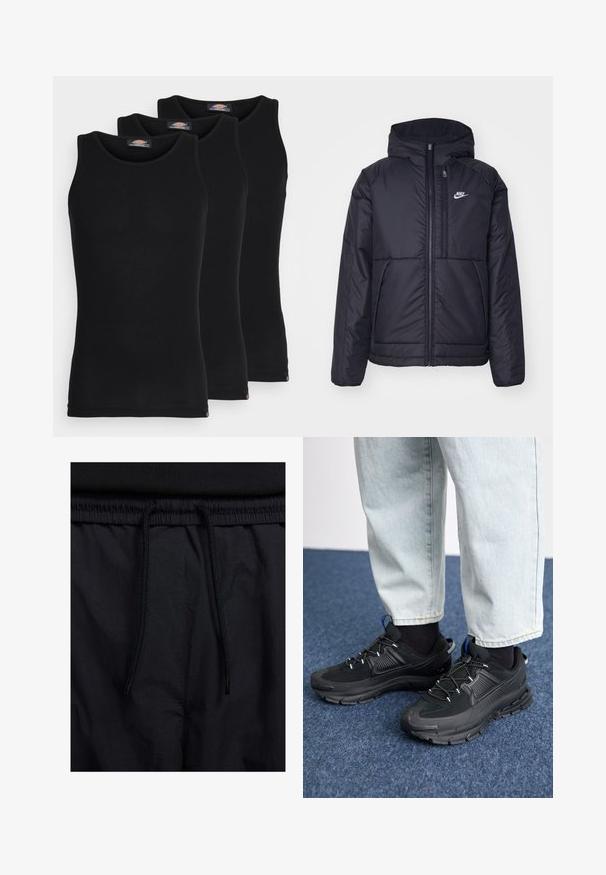 Črna, podložena Nike jakna z sprednjim zadrgo in kapuco. Ima bel logo na levem prsnem delu in dvojna sprednja žepa. Gladka zunanja tekstura.; Črne majice brez rokavov v paketu treh. Rebrasta struktura, standardni okrogel izrez, brez rokavov. Rob ima majhen logotip blagovne znamke na dnu.; Črne kratke hlače z vrvico v pasu, lahkotna tkanina z gladko teksturo in preprosto zasnovo brez vidnih logotipov ali vzorcev.; Črne športne čevlje z teksturirano tkanino in gumijastimi podplati, ki imajo elastične vezalke ter modre poudarke na peti. Nosi se z lahkimi denim hlačami.