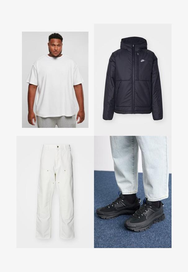 Jachetă Nike neagră, căptușită, cu fermoar pe față și glugă. Prezintă un logo alb pe pieptul stâng și două buzunare frontale. Textură exterioară netedă.; Tricou oversized alb din bumbac, cu mâneci scurte și guler rotund, având o textură netedă și o croială lejeră, purtat cu pantaloni scurți gri.; Pantaloni cargo din bumbac alb, cu o croială lejeră. Caracteristicile includ buzunare frontale, accesorii din metal aurit și secțiuni întărite la genunchi.; Pantofi sport negri, cu țesătură texturată și tălpi din cauciuc, având șireturi elastice și un accent albastru pe toc. Purtați cu pantaloni din denim deschis.