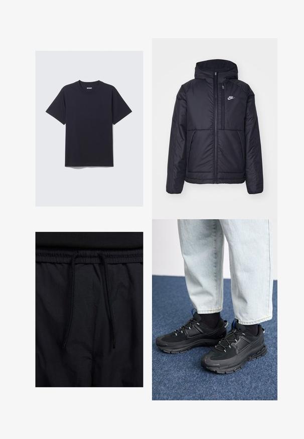 Musta, pehmustettu Nike-takki, jossa on etuvetoketju ja huppu. Vasemmassa rinnassa on valkoinen logo ja takissa on kaksinkertaiset etutaskut. Pintakoe on sileä.; Musta puuvillapaita pyöreällä kauluksella, lyhyet hihat ja rento leikkaus. Ominaisuutena yksinkertainen muotoilu ilman kuvioita tai näkyviä varusteita.; Mustat shortsit, joissa on naru vyötäröllä, kevyestä kankaasta valmistettu, sileä tekstuuri ja yksinkertainen muotoilu ilman näkyviä logoja tai kuvioita.; Mustat urheilukengät, joissa on teksturoitu kangas ja kumipohjat, elastiset nauhat ja sininen yksityiskohta kannassa. Yhdistetty vaaleisiin farkkuihin.