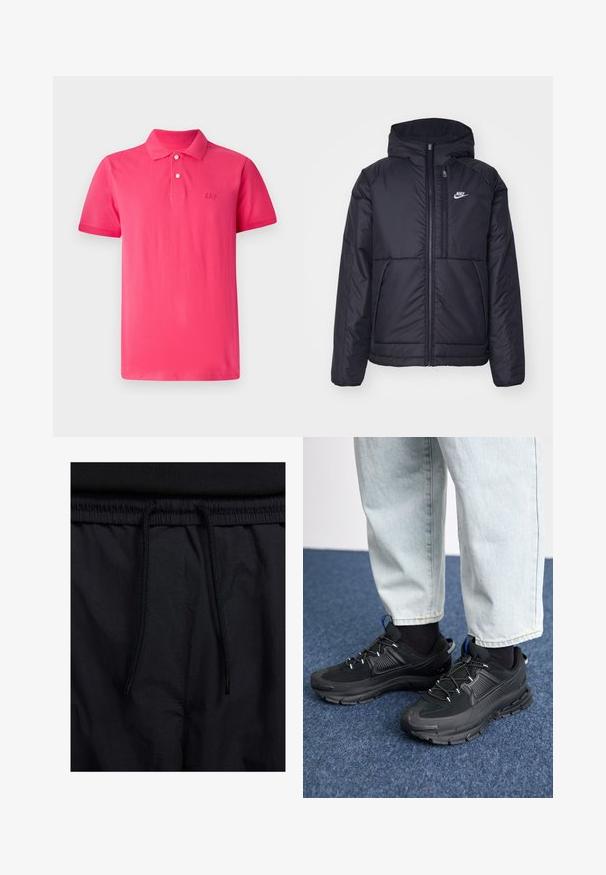 Črna, podložena Nike jakna z sprednjim zadrgo in kapuco. Ima bel logo na levem prsnem delu in dvojna sprednja žepa. Gladka zunanja tekstura.; Svetlo roza polo majica iz bombaža, ki ima klasičen ovratnik, tri gumbe in izvezen logo 'GAP' na prsih.; Črne kratke hlače z vrvico v pasu, lahkotna tkanina z gladko teksturo in preprosto zasnovo brez vidnih logotipov ali vzorcev.; Črne športne čevlje z teksturirano tkanino in gumijastimi podplati, ki imajo elastične vezalke ter modre poudarke na peti. Nosi se z lahkimi denim hlačami.