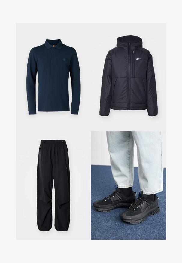 Melna, pufota Nike jaka ar priekšējo rāvējslēdzēju un kapuci. Iezīmēta ar baltu logotipu uz kreisās krūtis un divām priekšējām kabatām. Gluda ārējā tekstūra.; Timberland MILLERS RIVER MILLERS RIVER - Tops ar garām piedurknēm - dark sapphire; Melnas vieglas kravas bikses ar elastīgu jostu, sānu rāvējslēdzējiem un plašām kabatām. Izaicinājumu veido brīvi pieguļoša piegriezne un sašaurināti aproces.; Melni sporta apavi ar strukturētu audumu un gumijas zoli, ar elastīgām auklām un zilu akcentu uz papēža. Nēsāti ar gaišām džinsu biksēm.
