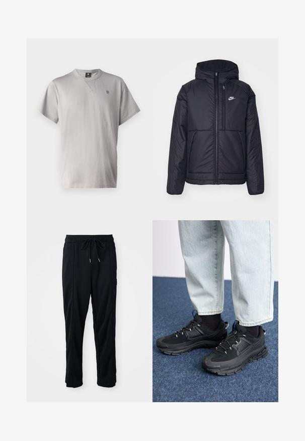 Melna, pufota Nike jaka ar priekšējo rāvējslēdzēju un kapuci. Iezīmēta ar baltu logotipu uz kreisās krūtis un divām priekšējām kabatām. Gluda ārējā tekstūra.; G-STAR NIFOUS - Pamata T-krekls - sharkskin; Melnas bikses ar aukliņu jostas vietā, ar sānu kabatām un taisnu kāju griezumu uz vienkrāsaina fona.; Melni sporta apavi ar strukturētu audumu un gumijas zoli, ar elastīgām auklām un zilu akcentu uz papēža. Nēsāti ar gaišām džinsu biksēm.