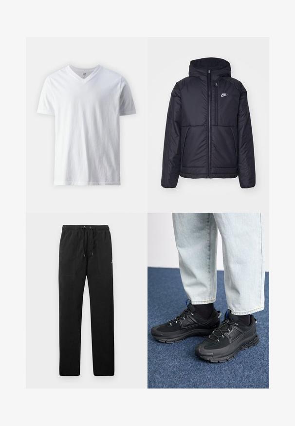 Fekete, párnázott Nike dzseki elülső cipzárral és kapucnival. A bal mellen fehér logó található, valamint két elülső zseb. Simának tűnő külső felület.; Rövid ujjú, V nyakú fehér póló, pamutból készült. Egyszerű dizájn, sima tapintású és laza fazonú.; Fekete, bolyhos anyagú melegítők, elasztikus derékkal és húzózsinórral, két elülső zsebbel és egy kisméretű logóval a combján.; Fekete sportcipők texturált anyaggal és gumitalppal, elasztikus fűzőkkel és kék kiegészítővel a saroknál. Világos farmernadrággal viselve.