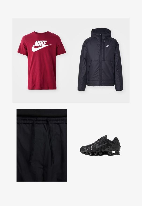 Juodas, paminkštintas Nike džemperis su priekyje užtrauktuku ir gobtuvu. Pasižymi balta logo kairėje krūtinės pusėje ir dviem priekinėmis kišenėmis. Su lygiu išoriniu paviršiumi.; Burgundi medvilninis marškinėliai su balta Nike logotipu ant krūtinės, trumpomis rankovėmis ir apvaliu kaklu, lygia tekstūra.; Juodos šortai su raišteliu juosmens srityje, lengva medžiaga su lygiu paviršiumi ir paprastas dizainas be matomų logotipų ar raštų.; Juodi sportiniai bateliai iš tinklinio ir sintetinių medžiagų, su ryškiu banguotu dizainu, juodu guminės pado ir atspindinčiais elementais.