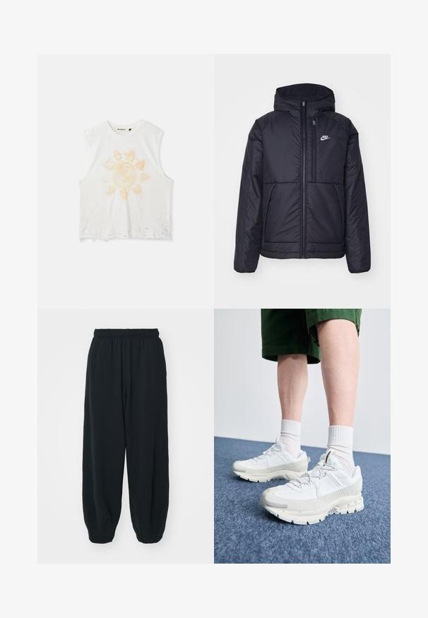 Juodas, paminkštintas Nike džemperis su priekyje užtrauktuku ir gobtuvu. Pasižymi balta logo kairėje krūtinės pusėje ir dviem priekinėmis kišenėmis. Su lygiu išoriniu paviršiumi.; Balta be rankovių trumpa palaidinė su suplėšytu kraštu ir saulės grafika šviesiai oranžine spalva bei tekstiniu apipavidalinimu, pagaminta iš minkštos, tekstūriškos medžiagos.; Juodi, su elastiniu juosmeniu sportiniai kelnės su laisvu siluetu, suapvalintais kulkšnimis, lygia tekstūra ir be matomų raštų ar metalinių akcentų.; Baltos sportinės bateliai su tekstūruotais uždengimais, masyviu padu ir pilkais akcentais. Dėvimi su baltais trumpais kojiniais ir žaliais šortais mėlyname paviršiuje.