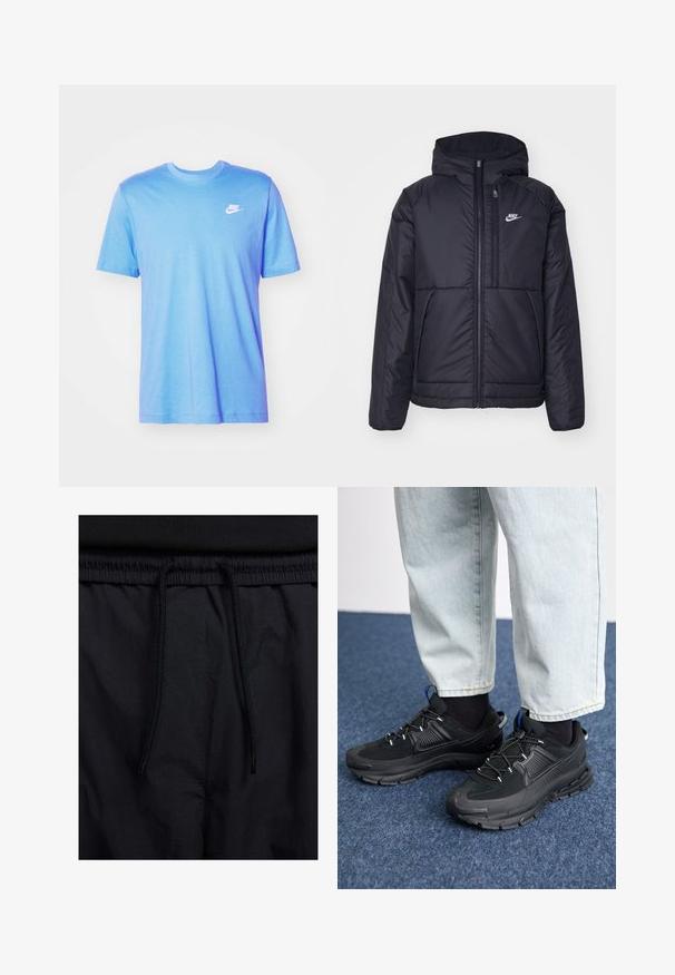 Casaco Nike preto, acolchoado, com fecho à frente e capuz. Apresenta um logo branco no lado esquerdo do peito e dois bolsos frontais. Textura exterior lisa.; T-shirt Nike azul claro com mangas curtas, gola redonda e um pequeno logo branco no lado esquerdo do peito; feito de material de algodão macio.; Calções pretos com um cós elástico ajustável, fabricados em tecido leve com uma textura suave e um design simples, sem logótipos ou padrões visíveis.; Sapatilhas desportivas pretas com tecido texturizado e solas em borracha, apresentando atacadores elásticos e um detalhe azul no calcanhar. Usadas com calças de ganga claras.