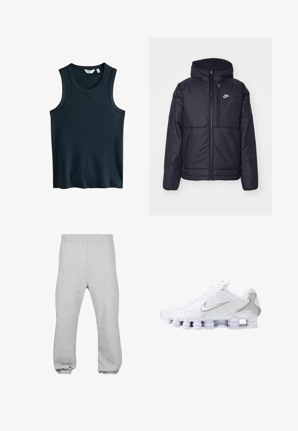 Zwarte, gewatteerde Nike-jas met een voorkant met ritssluiting en capuchon. Kenmerkt zich door een wit logo op de linkerborst en dubbele frontzakken. Gladde buitenkant.; Donkerblauwe geribde tanktop met een ronde halslijn en brede schouderbanden. Geen zichtbare patronen of accenten. Gemaakt van een zachte, rekbare stof.; Grijze joggingsbroek van een katoenmix, met een elastische tailleband, taps toelopende pijpen en verdfste naden. Eenvoudig ontwerp zonder patronen.; Witte sportieve schoen met een gestructureerde mesh bovenkant, zilveren Nike-logo, gevoerde kraag en unieke doorzichtige plastic zool met veren.
