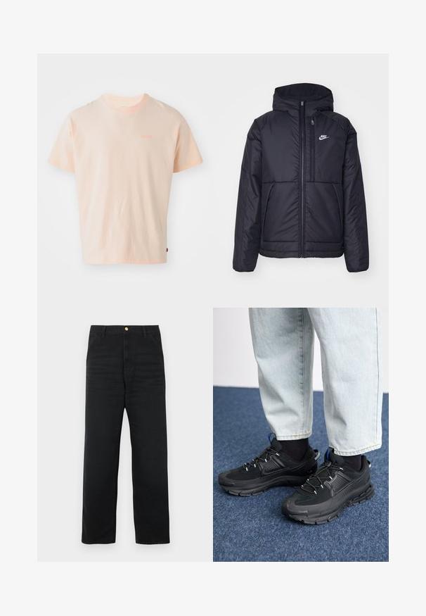 Juodas, paminkštintas Nike džemperis su priekyje užtrauktuku ir gobtuvu. Pasižymi balta logo kairėje krūtinės pusėje ir dviem priekinėmis kišenėmis. Su lygiu išoriniu paviršiumi.; Šviesiai persikų spalvos medvilninė marškinėlė su apvalia iškirpte, trumpomis rankovėmis ir maža logotipo spauda atitinkamos spalvos krūtinėje. Lygus paviršius.; Juodos spalvos džinsinės kelnės tiesios kojų linijos, su priekiniais sagomis užsegamais uždarymais, dviem šoninėmis kišenėmis ir subtilia tekstūra.; Juodi sportiniai bateliai su tekstūruota medžiaga ir guminiais padais, su elastingomis raišteliais ir mėlynu akcentu ant kulno. Dėvimi su šviesiai mėlynomis džinsinėmis kelnėmis.