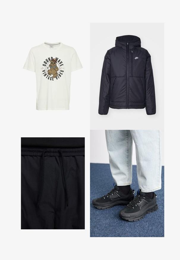 Chaqueta acolchada negra de Nike con cremallera frontal y capucha. Presenta un logo blanco en el lado izquierdo del pecho y dos bolsillos frontales. Textura exterior suave.; Camiseta de algodón blanca con un gráfico de un oso con gafas de sol y un sombrero, con el texto "SOUND WAVE VINTAGE VIBES" en letras negritas.; Pantalones cortos negros con cinturilla ajustable, tejido ligero con una textura suave y un diseño sencillo sin logotipos visibles ni patrones.; Zapatillas deportivas negras con tejido texturizado y suelas de goma, con cordones elásticos y un acento azul en el talón. Combinadas con pantalones de mezclilla claros.