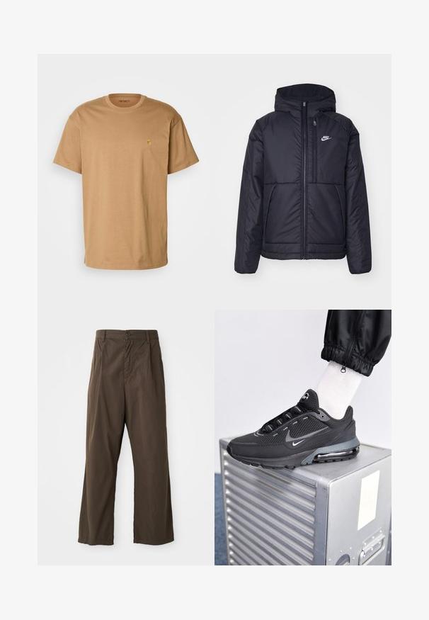 Giacca Nike nera, imbottita, con zip frontale e cappuccio. Presenta un logo bianco sul lato sinistro del petto e doppie tasche frontali. Texture esterna liscia.; Carhartt WIP CHASE - T-shirt basic - peanut/gold; Pantaloni marroni a gamba larga in cotone con chiusura anteriore a bottoni, passanti per la cintura e una superficie liscia e opaca.; Nike Sportswear PULSE - Sneakers basse - black/anthracite