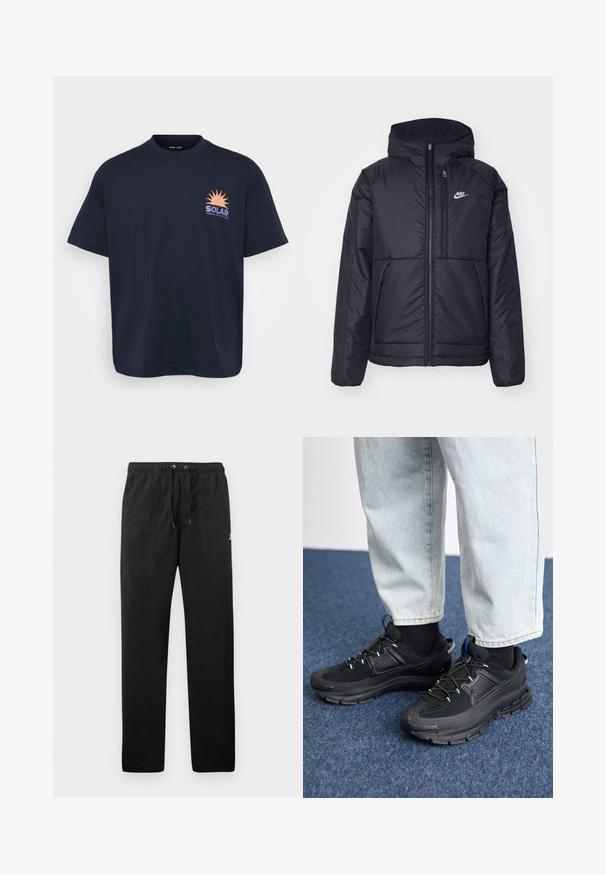 Black, padded Nike jacket with a front zipper and hood. Features a white logo on the left chest and dual front pockets. Smooth exterior texture.; Black cotton t-shirt featuring a graphic of a sun and "SOLAR" text in orange and purple. Short sleeves, crew neck, relaxed fit.; Black sweatpants made of fleece, featuring an elastic waistband with drawstrings, two front pockets, and a small logo on the thigh.; Black athletic shoes with textured fabric and rubber soles, featuring elastic laces and a blue accent on the heel. Worn with light denim pants.