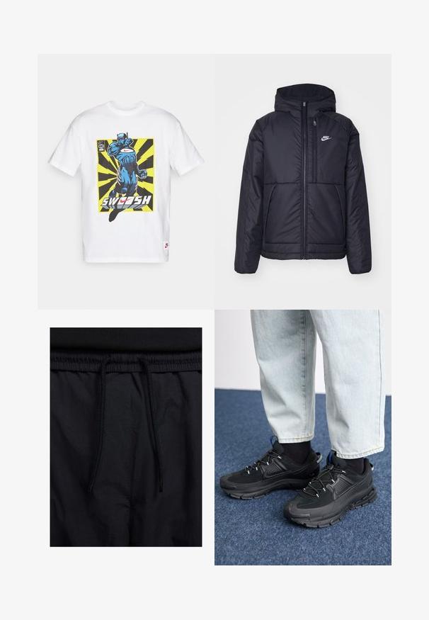 Černá zateplená bunda Nike s předním zipem a kapucí. Na levé straně hrudi má bílé logo a dvojité přední kapsy. Hladký povrch.; Bílý bavlněný tričko s modrou grafikou v komiksovém stylu znázorňující postavu v akci, se žlutými a černými paprsky a textem "SWOOSH".; Černé šortky s páskem na šňůrku, lehký materiál s hladkou texturou a jednoduchý design bez viditelných log nebo vzorů.; Černé sportovní boty s texturovanou tkaninou a gumovou podrážkou, s elastickými tkaničkami a modrým akcentem na patě. Nosí se s světlými džíny.