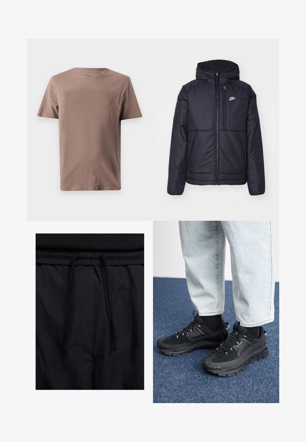 Črna, podložena Nike jakna z sprednjim zadrgo in kapuco. Ima bel logo na levem prsnem delu in dvojna sprednja žepa. Gladka zunanja tekstura.; GAP EVERYDAY SOFT CREW SOLID - Navadna majica - plymouth rock; Črne kratke hlače z vrvico v pasu, lahkotna tkanina z gladko teksturo in preprosto zasnovo brez vidnih logotipov ali vzorcev.; Črne športne čevlje z teksturirano tkanino in gumijastimi podplati, ki imajo elastične vezalke ter modre poudarke na peti. Nosi se z lahkimi denim hlačami.