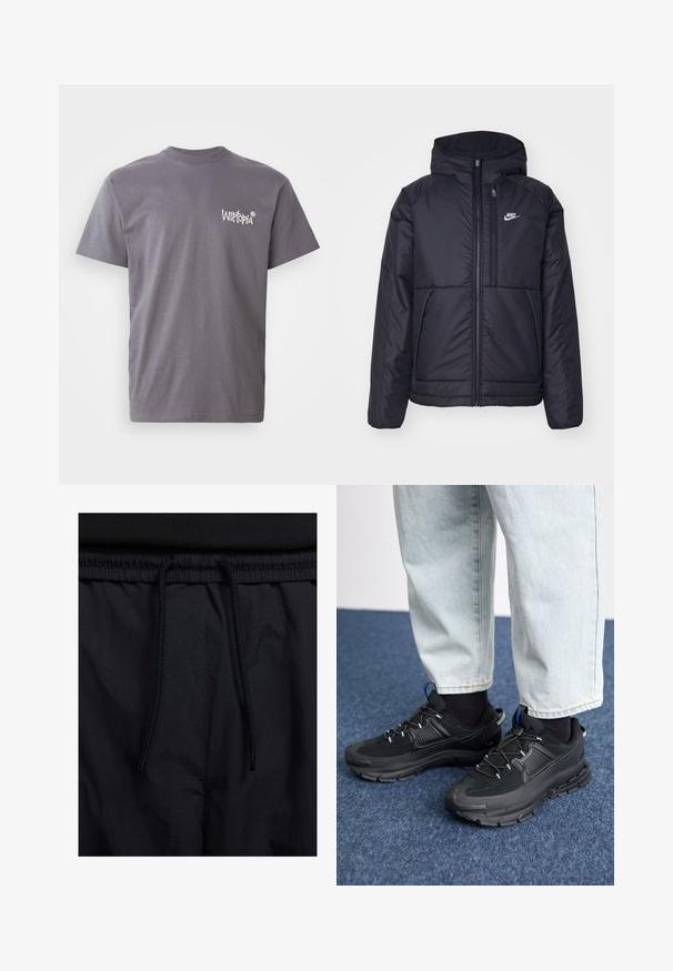 Chaqueta acolchada negra de Nike con cremallera frontal y capucha. Presenta un logo blanco en el lado izquierdo del pecho y dos bolsillos frontales. Textura exterior suave.; Camiseta de algodón gris con cuello redondo y mangas cortas, con el logo blanco "Witopia" impreso en el área izquierda del pecho.; Pantalones cortos negros con cinturilla ajustable, tejido ligero con una textura suave y un diseño sencillo sin logotipos visibles ni patrones.; Zapatillas deportivas negras con tejido texturizado y suelas de goma, con cordones elásticos y un acento azul en el talón. Combinadas con pantalones de mezclilla claros.