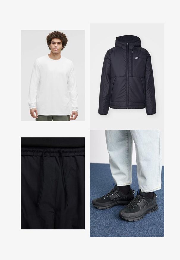 Must musta Nike jope, millel on ees lukuga avamine ja kapuuts. Vasakpoolne rind on kaunistatud valge logoga ning ees on kaks taskut. Sile välimine tekstuur.; Valge pika varrukaga T-särk ümmarguse kaelusega, pehmest kangast, millel on lõdva sobivusega ja ei ole nähtavaid logosid ega mustreid.; Mustad lühikesed püksid, millel on paelaga vöökoht, kerge kangas, mis on sileda tekstuuriga ning lihtne disain ilma nähtavate logode või mustriteta.; Mustad mustad jooksukingad, millel on tekstureeritud kangas ja kummist tallad, elastsed nöörid ning sinine aksent kandadel. Kandmine heledate teksadega.