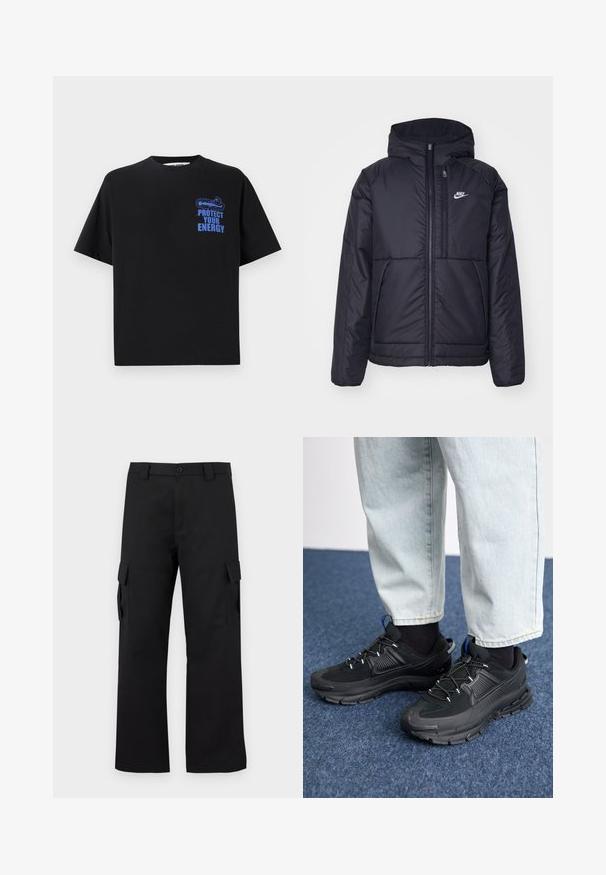 Chaqueta acolchada negra de Nike con cremallera frontal y capucha. Presenta un logo blanco en el lado izquierdo del pecho y dos bolsillos frontales. Textura exterior suave.; Camiseta de algodón negra de manga corta, con el texto azul "PROTEGE TU ENERGÍA" y un diseño gráfico en la parte superior izquierda.; Pantalones cargo negros con un diseño de pierna recta. Fabricados con un tejido duradero, cuentan con dos bolsillos laterales con cierres de solapa y una cremallera de botón.; Zapatillas deportivas negras con tejido texturizado y suelas de goma, con cordones elásticos y un acento azul en el talón. Combinadas con pantalones de mezclilla claros.