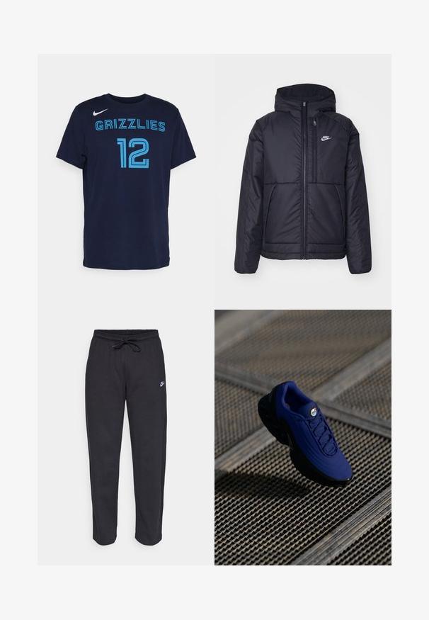Black, padded Nike jacket with a front zipper and hood. Features a white logo on the left chest and dual front pockets. Smooth exterior texture.; Navy blue cotton T-shirt with short sleeves, featuring "GRIZZLIES" and the number "12" in light blue lettering. Nike logo on front left shoulder.; Black sweatpants made of soft fabric with an elastic waistband, drawstring, and a small Nike logo on the left thigh.; Blue athletic shoe with a textured upper, black sole, and laces. Features "air" branding on the tongue and visible air cushioning elements.