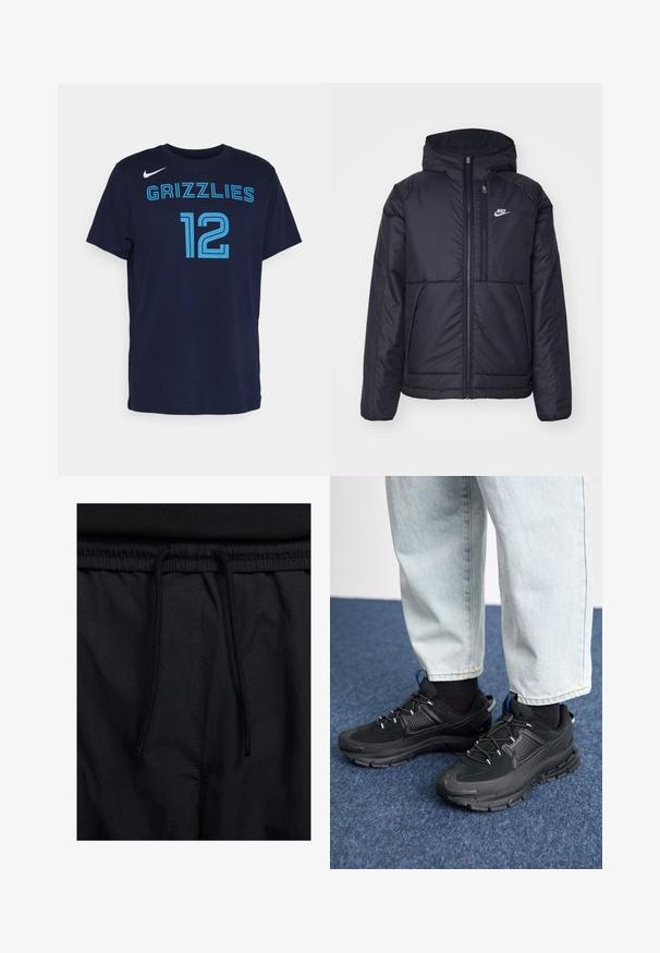 Černá zateplená bunda Nike s předním zipem a kapucí. Na levé straně hrudi má bílé logo a dvojité přední kapsy. Hladký povrch.; Námorně modré bavlněné tričko s krátkými rukávy, s nápisem "GRIZZLIES" a číslem "12" ve světle modrém písmu. Logo Nike na levém rameni.; Černé šortky s páskem na šňůrku, lehký materiál s hladkou texturou a jednoduchý design bez viditelných log nebo vzorů.; Černé sportovní boty s texturovanou tkaninou a gumovou podrážkou, s elastickými tkaničkami a modrým akcentem na patě. Nosí se s světlými džíny.