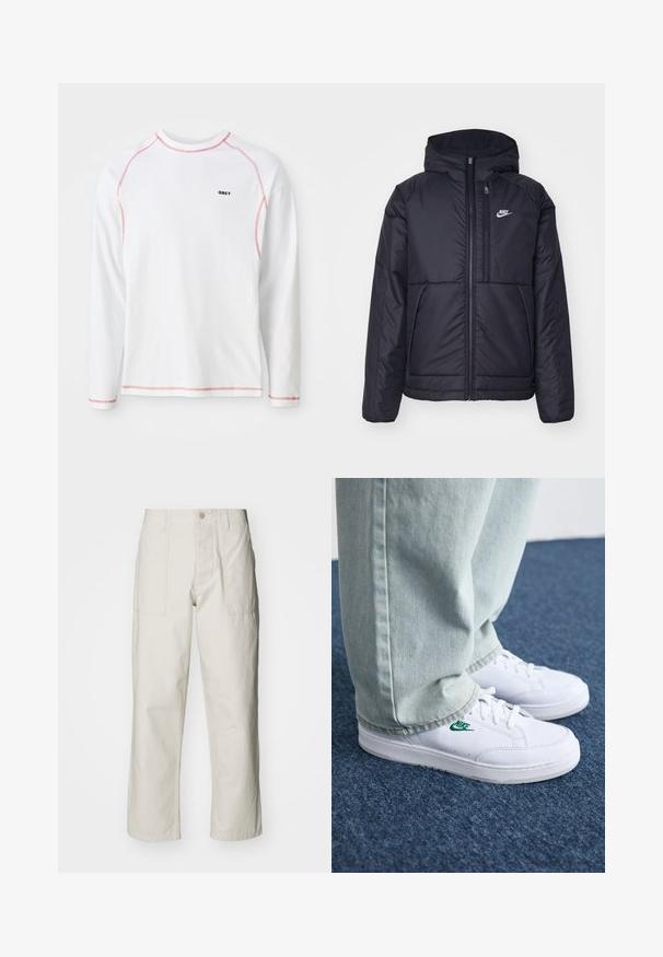 Črna, podložena Nike jakna z sprednjim zadrgo in kapuco. Ima bel logo na levem prsnem delu in dvojna sprednja žepa. Gladka zunanja tekstura.; Bela majica z dolgimi rokavi s rdečimi šivi in majhnim črnim logotipom "OBEY" na prsih. Iz bombažnega materiala, kroj za okrogel ovratnik.; Svetlo bež široke hlače iz bombaža. Imajo sprednje žepe in gumbasto zapiranje. Gladka tekstura z subtilnimi navpičnimi črtami.; Bela usnjena športna obutev z zelenim Nike logotipom, okrogla konica, ravna podplat, v kombinaciji z svetlo modrimi kavbojkami, prikazana na modrem preprogu.