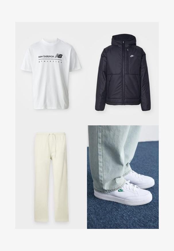 Casaco Nike preto, acolchoado, com fecho à frente e capuz. Apresenta um logo branco no lado esquerdo do peito e dois bolsos frontais. Textura exterior lisa.; T-shirt branco de algodão com o texto preto "new balance" e "ATHLETICS", mangas curtas e decote redondo.; Calças de treino bege claro com cintura ajustável por cordão, feitas de material macio. Apresentam um discreto logótipo Nike branco na coxa esquerda.; Tênis de couro brancos com logo verde da Nike, bico redondo, sola plana, combinados com calças de denim azul claro, exibidos sobre um tapete azul.
