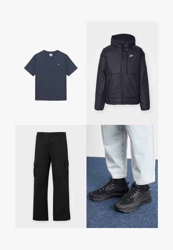 Black, padded Nike jacket with a front zipper and hood. Features a white logo on the left chest and dual front pockets. Smooth exterior texture.; Navy blue T-shirt made of cotton with a crew neck, short sleeves, and a small logo patch on the left chest. Smooth fabric texture.; Black cargo pants with a straight leg design. Made from durable fabric, featuring two side pockets with flap closures and a button fly.; Black athletic shoes with textured fabric and rubber soles, featuring elastic laces and a blue accent on the heel. Worn with light denim pants.