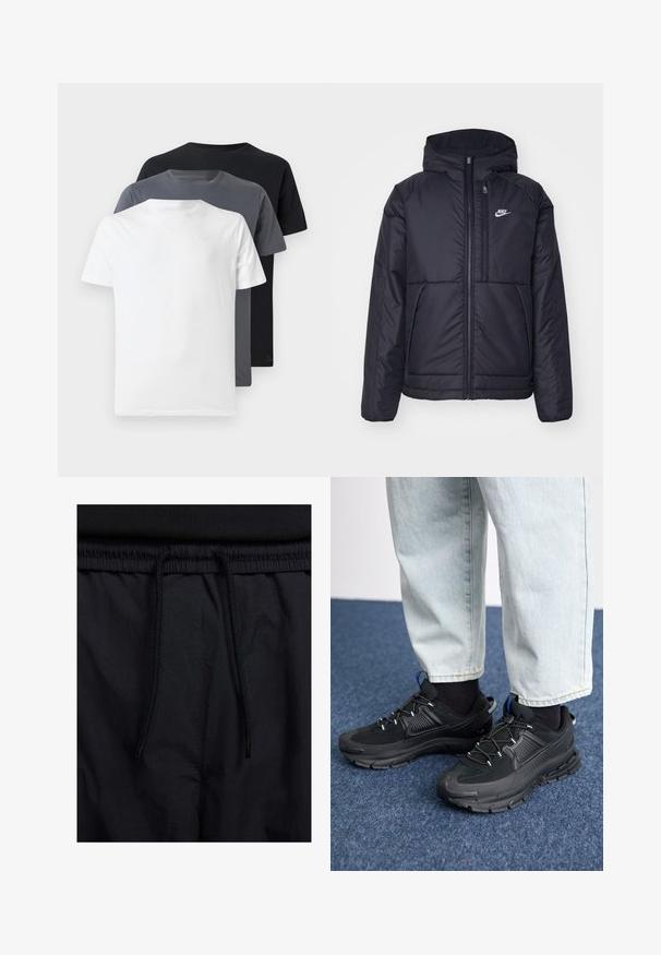 Giacca Nike nera, imbottita, con zip frontale e cappuccio. Presenta un logo bianco sul lato sinistro del petto e doppie tasche frontali. Texture esterna liscia.; Tre t-shirt a maniche corte in bianco, grigio e nero. Ognuna ha un colletto rotondo e una texture in cotone liscia. Nessun motivo o accento.; Shorts neri con vita regolabile tramite coulisse, tessuto leggero con una texture liscia e un design semplice senza loghi o motivi visibili.; Scarpe sportive nere con tessuto testurizzato e suole in gomma, dotate di lacci elastici e un accento blu sul tallone. Indossate con pantaloni in denim chiaro.