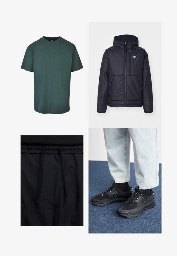 Must musta Nike jope, millel on ees lukuga avamine ja kapuuts. Vasakpoolne rind on kaunistatud valge logoga ning ees on kaks taskut. Sile välimine tekstuur.; Tume roheline puuvillane T-särk, ümmarguse kaelusega, lühikeste varrukate ja otse alläärega. Pehme tekstuur, lõdva istuvuse ja lihtsa disainiga.; Mustad lühikesed püksid, millel on paelaga vöökoht, kerge kangas, mis on sileda tekstuuriga ning lihtne disain ilma nähtavate logode või mustriteta.; Mustad mustad jooksukingad, millel on tekstureeritud kangas ja kummist tallad, elastsed nöörid ning sinine aksent kandadel. Kandmine heledate teksadega.