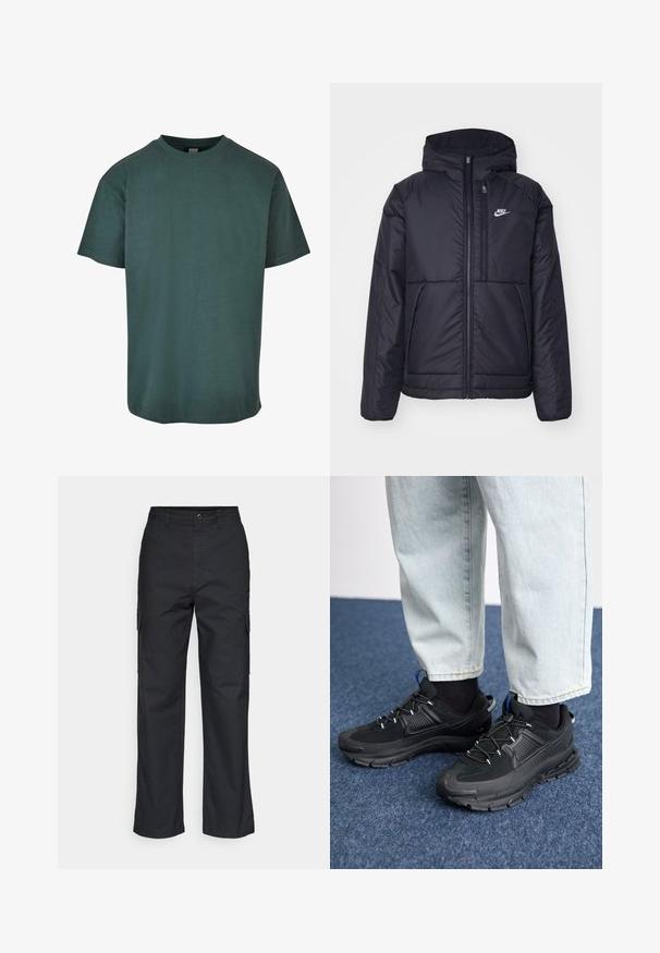 Must musta Nike jope, millel on ees lukuga avamine ja kapuuts. Vasakpoolne rind on kaunistatud valge logoga ning ees on kaks taskut. Sile välimine tekstuur.; Tume roheline puuvillane T-särk, ümmarguse kaelusega, lühikeste varrukate ja otse alläärega. Pehme tekstuur, lõdva istuvuse ja lihtsa disainiga.; Mustad cargo püksid sirge säärega disainiga, küljetaskud ja tekstuuriga kangas. Nööp sulgemisega vöökoht, et tagada kindel istuvus.; Mustad mustad jooksukingad, millel on tekstureeritud kangas ja kummist tallad, elastsed nöörid ning sinine aksent kandadel. Kandmine heledate teksadega.