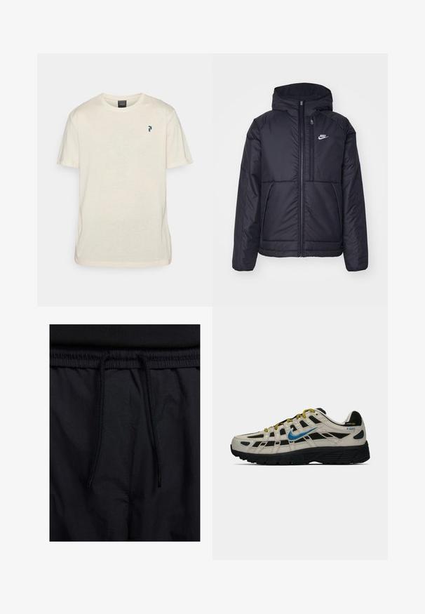 Crna Nike jakna s podstavom, dugmadi sprijeda i kapuljačom. Ima bijeli logotip na lijevoj strani prsnog koša i dva prednja džepa. Glatka vanjska tekstura.; Peak Performance EXPLORE GRAPHIC TEE - Majica kratkih rukava s printom - sand fog; Crne kratke hlače s pojasom na vezanje, lagani materijal s glatkom teksturom i jednostavan dizajn bez vidljivih logotipa ili uzoraka.; Bež i crne Nike P-6000 tenisice s plavim swooshom, žutim čipkastim vezicama, crnim đonom i Cordura tkaninom na peti.