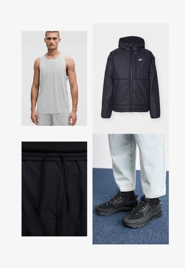 Giacca Nike nera, imbottita, con zip frontale e cappuccio. Presenta un logo bianco sul lato sinistro del petto e doppie tasche frontali. Texture esterna liscia.; Canotta atletica grigio chiaro con scollatura rotonda e senza maniche, realizzata in un materiale traspirante con dettagli di texture sottili.; Shorts neri con vita regolabile tramite coulisse, tessuto leggero con una texture liscia e un design semplice senza loghi o motivi visibili.; Scarpe sportive nere con tessuto testurizzato e suole in gomma, dotate di lacci elastici e un accento blu sul tallone. Indossate con pantaloni in denim chiaro.