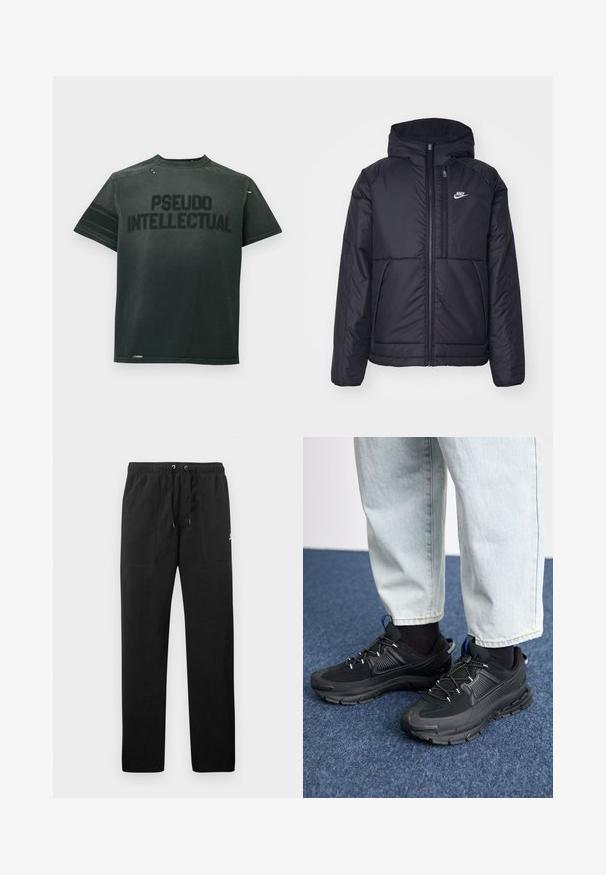 Veste Nike noire rembourrée avec une fermeture éclair sur le devant et une capuche. Elle présente un logo blanc sur la poitrine gauche et deux poches avant. Texture extérieure lisse.; T-shirt en coton noir arborant "PSEUDO INTELLECTUAL" en lettres majuscules. Manches courtes, col rond et détails usés près du col.; Pantalons de survêtement noirs en polaire, dotés d'une taille élastique avec cordons de serrage, de deux poches avant et d'un petit logo sur la cuisse.; Des chaussures de sport noires avec un tissu texturé et des semelles en caoutchouc, dotées de lacets élastiques et d'un accent bleu au talon. Portées avec un pantalon en denim clair.