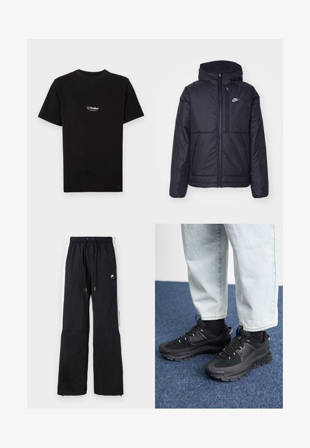 Zwarte, gewatteerde Nike-jas met een voorkant met ritssluiting en capuchon. Kenmerkt zich door een wit logo op de linkerborst en dubbele frontzakken. Gladde buitenkant.; Zwart katoenen T-shirt met korte mouwen, met een klein wit "JJ Studios" logo op de linkerbovenkant van de borst. Eenvoudig ontwerp met een ronde hals.; Zwarte sportbroek met elastische tailleband, witte zijstrepen, ritsen aan de pijpen en een rubberen logo detail aan de voorkant.; Zwarte sportschoenen met gestructureerde stof en rubberen zolen, met elastische veters en een blauwe accent op de hiel. Draag samen met lichte spijkerbroeken.