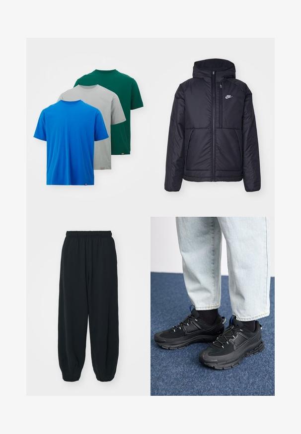 Juodas, paminkštintas Nike džemperis su priekyje užtrauktuku ir gobtuvu. Pasižymi balta logo kairėje krūtinės pusėje ir dviem priekinėmis kišenėmis. Su lygiu išoriniu paviršiumi.; Dickies 3 PACK - Paprasti marškinėliai - turkish sea/ultimate gray/rain forest; Juodi, su elastiniu juosmeniu sportiniai kelnės su laisvu siluetu, suapvalintais kulkšnimis, lygia tekstūra ir be matomų raštų ar metalinių akcentų.; Juodi sportiniai bateliai su tekstūruota medžiaga ir guminiais padais, su elastingomis raišteliais ir mėlynu akcentu ant kulno. Dėvimi su šviesiai mėlynomis džinsinėmis kelnėmis.