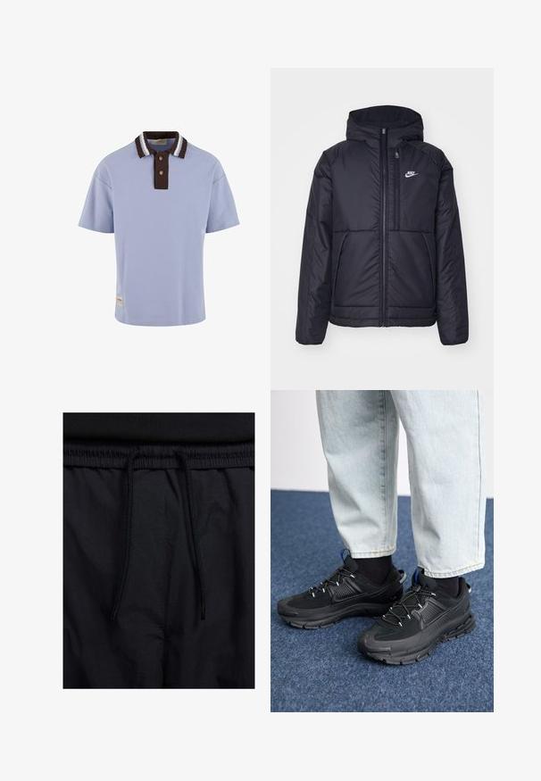 Musta, pehmustettu Nike-takki, jossa on etuvetoketju ja huppu. Vasemmassa rinnassa on valkoinen logo ja takissa on kaksinkertaiset etutaskut. Pintakoe on sileä.; Vaaleansininen polo-paita, jossa on ruskea urheiluverkkokangas kaulus, valkoiset raidat, kaksi ruskeaa nappia ja pieni logo etupaneelissa.; Mustat shortsit, joissa on naru vyötäröllä, kevyestä kankaasta valmistettu, sileä tekstuuri ja yksinkertainen muotoilu ilman näkyviä logoja tai kuvioita.; Mustat urheilukengät, joissa on teksturoitu kangas ja kumipohjat, elastiset nauhat ja sininen yksityiskohta kannassa. Yhdistetty vaaleisiin farkkuihin.