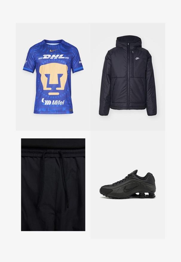 Černá zateplená bunda Nike s předním zipem a kapucí. Na levé straně hrudi má bílé logo a dvojité přední kapsy. Hladký povrch.; Modrý dres s krátkým rukávem, který má velkou stylizovanou tvář lva v zlaté barvě, s logy DHL a Mifel, texturovaný materiál a kulatý výstřih.; Černé šortky s páskem na šňůrku, lehký materiál s hladkou texturou a jednoduchý design bez viditelných log nebo vzorů.; Černé běžecké boty s hladkým syntetickým svrškem, perforovanými akcenty, texturovanými bočními panely a výraznou pružnou podrážkou.