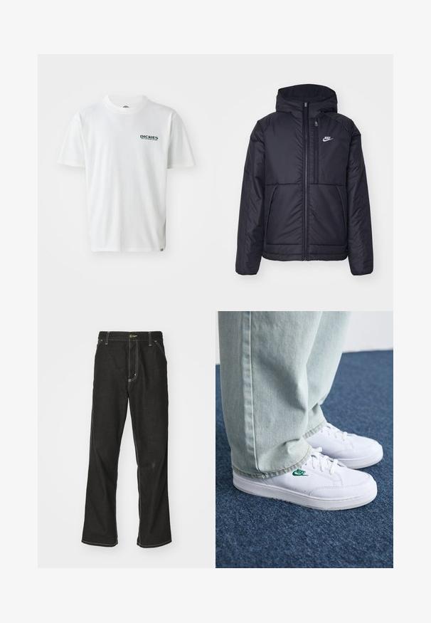 Chaqueta acolchada negra de Nike con cremallera frontal y capucha. Presenta un logo blanco en el lado izquierdo del pecho y dos bolsillos frontales. Textura exterior suave.; Camiseta de algodón blanca de manga corta, con un logo verde "DICKIES ON THE ROAD AGAIN" en el lado izquierdo del pecho. Diseño estándar de cuello redondo.; Jeans de mezclilla negra con un corte holgado, que cuentan con costuras blancas contrastantes, cierre de botón y un diseño de pierna recta.; Zapatillas de cuero blanco con logo de Nike verde, puntera redonda, suela plana, combinadas con pantalones de mezclilla azul claro, sobre una alfombra azul.