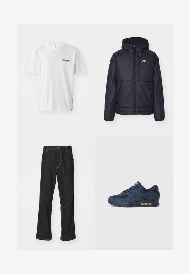 Juodas, paminkštintas Nike džemperis su priekyje užtrauktuku ir gobtuvu. Pasižymi balta logo kairėje krūtinės pusėje ir dviem priekinėmis kišenėmis. Su lygiu išoriniu paviršiumi.; Balta medvilnė marškinėliai su trumpomis rankovėmis, su žaliu "DICKIES ON THE ROAD AGAIN" logotipu kairėje krūtinės pusėje. Standartinė apvalios kaklo dizaino.; Juodi džinsai su laisvu siluetu, turintys kontrastingas balto siūlo siūles, mygtuko uždarymą ir tiesų kojos dizainą.; Tamsiai mėlyni Nike Air Max sportbačiai su zomšiniu ir tinkliniu paviršiumi, su geltonais akcentais, raištelių uždarymu ir matoma oro pagalve pada.