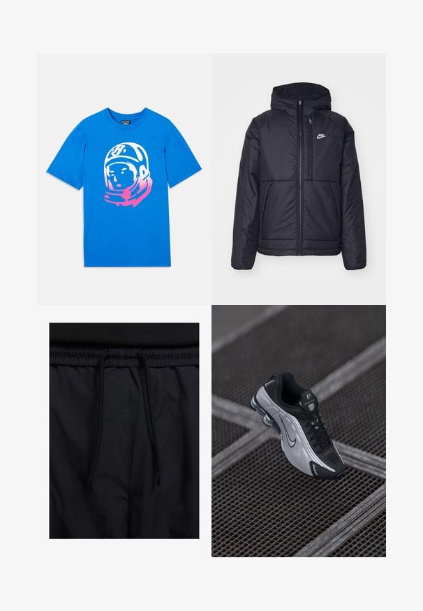 Casaco Nike preto, acolchoado, com fecho à frente e capuz. Apresenta um logo branco no lado esquerdo do peito e dois bolsos frontais. Textura exterior lisa.; T-shirt de algodão azul com uma impressão gráfica do rosto de um astronauta em branco e rosa. Mangas curtas e design clássico de gola redonda.; Calções pretos com um cós elástico ajustável, fabricados em tecido leve com uma textura suave e um design simples, sem logótipos ou padrões visíveis.; Shoe atlético Nike com um design em preto e prata. Feito de material sintético, com detalhes em malha e uma sola de suporte com amortecimento de ar visível.