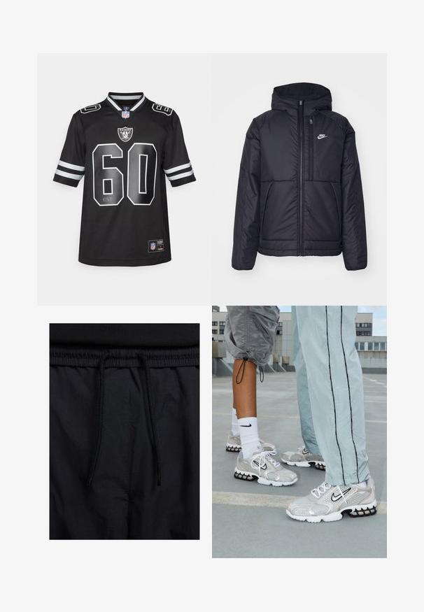 Must musta Nike jope, millel on ees lukuga avamine ja kapuuts. Vasakpoolne rind on kaunistatud valge logoga ning ees on kaks taskut. Sile välimine tekstuur.; Mustmust mustargel, milled mustmust mikd vääbliga, raiderid logoga, number 60 ja lühikesed varrukad valgete triipudega. Materjal tundub hingav.; Mustad lühikesed püksid, millel on paelaga vöökoht, kerge kangas, mis on sileda tekstuuriga ning lihtne disain ilma nähtavate logode või mustriteta.; Nike spordijalatsid hõbedasest võrkmaterjalist, millel on valged paelad, must swooshi logo ja must-punane õhkpadi vahetald.