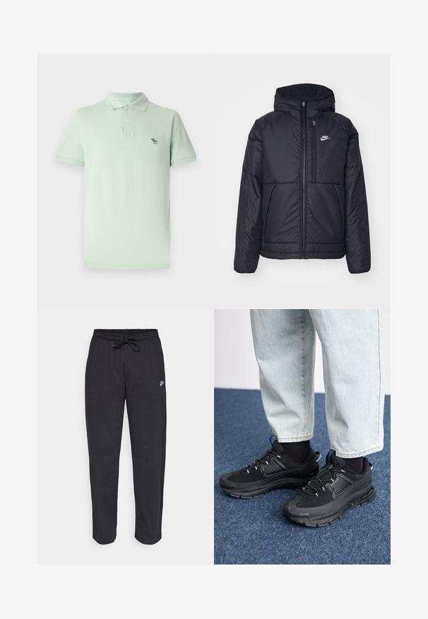 Zwarte, gewatteerde Nike-jas met een voorkant met ritssluiting en capuchon. Kenmerkt zich door een wit logo op de linkerborst en dubbele frontzakken. Gladde buitenkant.; Lichtgroene polo shirt van katoen, met een knoopsluiting, korte mouwen en een klein geborduurd logo op de linkerkant van de borst.; Zwarte sweatpants van zacht stof met een elastische tailleband, trekkoord en een klein Nike-logo op de linker bovenbeen.; Zwarte sportschoenen met gestructureerde stof en rubberen zolen, met elastische veters en een blauwe accent op de hiel. Draag samen met lichte spijkerbroeken.