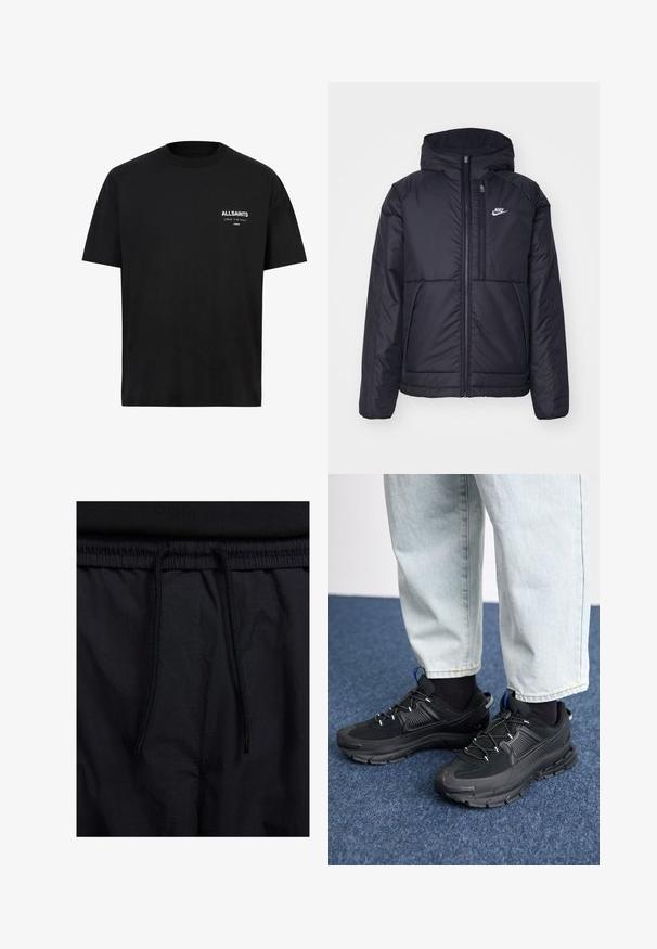 Črna, podložena Nike jakna z sprednjim zadrgo in kapuco. Ima bel logo na levem prsnem delu in dvojna sprednja žepa. Gladka zunanja tekstura.; Črna bombažna majica s kratkimi rokavi in krožnim izrezom. Na levi strani prsnega koša se nahajata belega napisa "ALLSAINTS" in "LONDON".; Črne kratke hlače z vrvico v pasu, lahkotna tkanina z gladko teksturo in preprosto zasnovo brez vidnih logotipov ali vzorcev.; Črne športne čevlje z teksturirano tkanino in gumijastimi podplati, ki imajo elastične vezalke ter modre poudarke na peti. Nosi se z lahkimi denim hlačami.