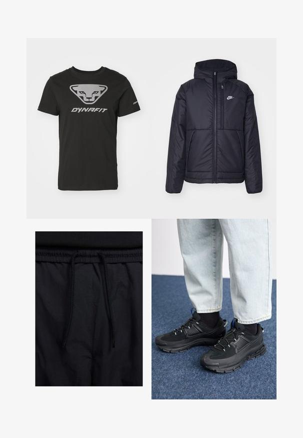 Black, padded Nike jacket with a front zipper and hood. Features a white logo on the left chest and dual front pockets. Smooth exterior texture.; Black cotton t-shirt featuring a triangular logo with a stylized animal face and "DYNAFIT" text in silver. Short sleeves, crew neck design.; Black shorts featuring a drawstring waistband, lightweight fabric with a smooth texture, and a simple design without visible logos or patterns.; Black athletic shoes with textured fabric and rubber soles, featuring elastic laces and a blue accent on the heel. Worn with light denim pants.