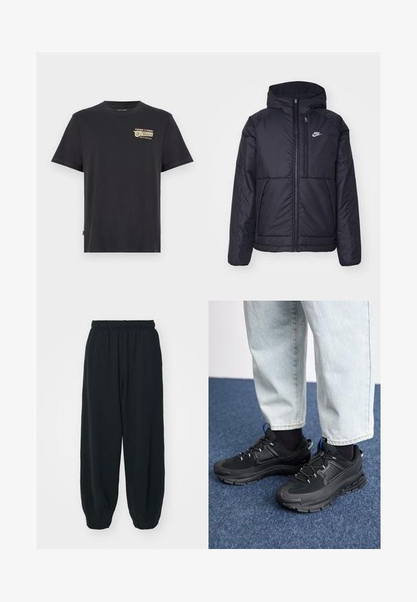 Schwarze, gepolsterte Nike-Jacke mit Frontreißverschluss und Kapuze. Hat ein weißes Logo auf der linken Brust und zwei Fronttaschen. Glattes äußeres Material.; Schwarzes Baumwoll-T-Shirt mit Rundhalsausschnitt und kurzen Ärmeln, das einen goldenen Grafikdruck auf der linken Brust mit der Aufschrift "ELEMENT X TIMBER" zeigt.; Schwarze Sweatpants mit elastischem Bund, lockerer Passform, gerippten Beinabschlüssen, glatter Textur und ohne sichtbare Muster oder Hardware-Akzente.; Schwarze Sportschuhe aus strukturiertem Stoff mit Gummisohlen, ausgestattet mit elastischen Schnürsenkeln und einem blauen Akzent an der Ferse. Getragen mit hellen Jeans.