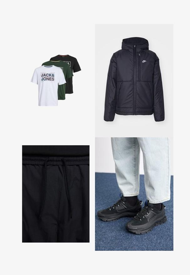 Crna Nike jakna s podstavom, dugmadi sprijeda i kapuljačom. Ima bijeli logotip na lijevoj strani prsnog koša i dva prednja džepa. Glatka vanjska tekstura.; Tri kratka rukava majice u bijeloj, zelenoj i crnoj boji, s grafičkim printovima na kojima se nalazi tekst "JACK & JONES" u različitim stilovima i bojama.; Crne kratke hlače s pojasom na vezanje, lagani materijal s glatkom teksturom i jednostavan dizajn bez vidljivih logotipa ili uzoraka.; Crne atletske cipele s teksturiranom tkaninom i gumene potplate, s elastičnim vezicama i plavim akcentom na peti. Nosene su s svijetlim trapericama.