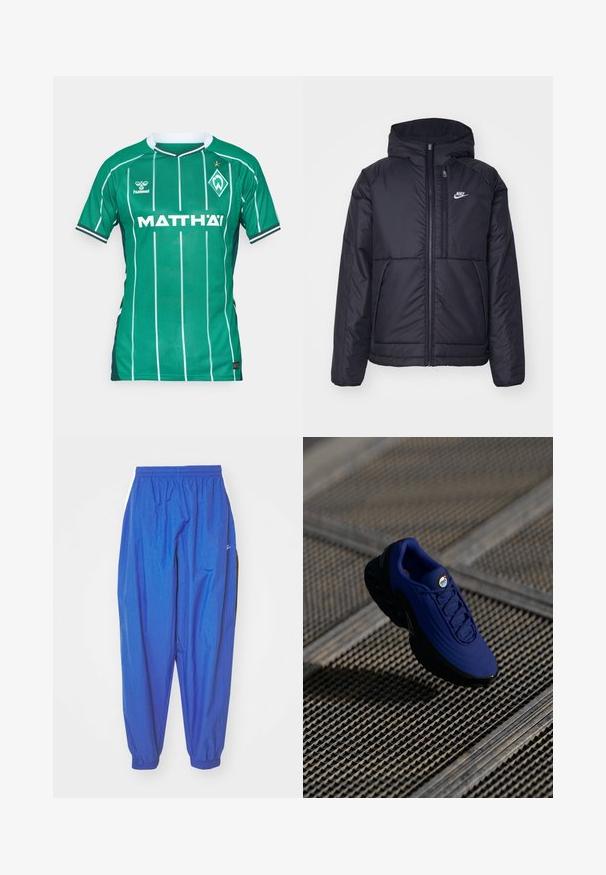 Μαύρο, επενδυμένο μπουφάν Nike με μπροστινό φερμουάρ και κουκούλα. Διαθέτει λευκό λογότυπο στο αριστερό στήθος και διπλές μπροστινές τσέπες. Λείο εξωτερικό υλικό.; Πράσινη ποδοσφαιρική φανέλα με κατακόρυφες λευκές ρίγες, στρογγυλή λαιμόκοψη και κοντά μανίκια. Φέρει το λογότυπο "MATTH'AI" και ένα έμβλημα συλλόγου.; Μπλε αθλητικά παντελόνια φτιαγμένα από ελαφρύ ύφασμα, με ελαστική ζώνη στη μέση, μανσέτες στα τελειώματα και λευκές ρίγες στο πλάι.; Μπλε αθλητικό παπούτσι με υφή στην πάνω πλευρά, μαύρη σόλα και κορδόνια. Φέρει το λογότυπο "air" στη γλώσσα και ορατά στοιχεία αερόσολας.