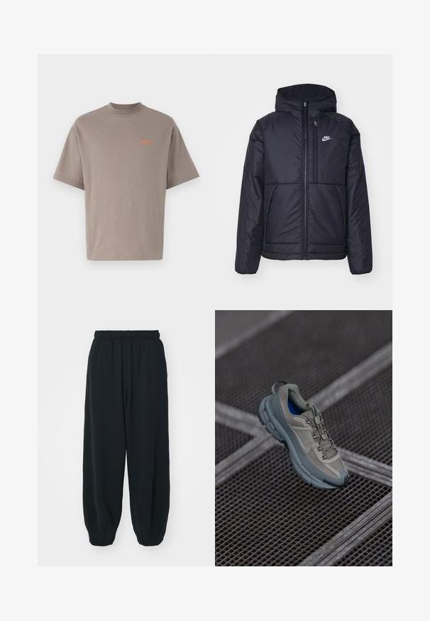 Svart, vadderad Nike-jacka med dragkedja framtill och huva. Har en vit logotyp på vänster bröst och dubbla framfickor. Slät yttextur.; Taupe bomull t-shirt med avslappnad passform, korta ärmar och rundad halsringning. Har en liten orange "bareen" logotyp på bröstet.; Svarta, elastiska sweatpants med lös passform, mudd vid anklarna, slät textur och utan synliga mönster eller detaljer i metall.; Beige och grå idrottssko med texturerad meshöverdel, rund tå och gummisula, med snörning och vadderad krage.