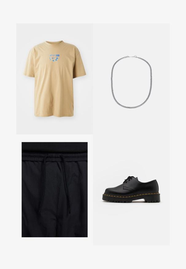 Casaco Nike preto, acolchoado, com fecho à frente e capuz. Apresenta um logo branco no lado esquerdo do peito e dois bolsos frontais. Textura exterior lisa.; T-shirt de algodão bege com decote redondo. Apresenta um logótipo azul e uma ilustração de texto na frente, mangas curtas e um pormenor de bainha reta.; Calções pretos com um cós elástico ajustável, fabricados em tecido leve com uma textura suave e um design simples, sem logótipos ou padrões visíveis.; Sapato de pele preta com atacadores, bico arredondado, sola de borracha texturizada e costura amarela à volta da base. Design plano e acabamento liso.; Colar de corrente de metal prateado com grossos elos entrelaçados, textura polida e um pequeno fecho com detalhe de marca.