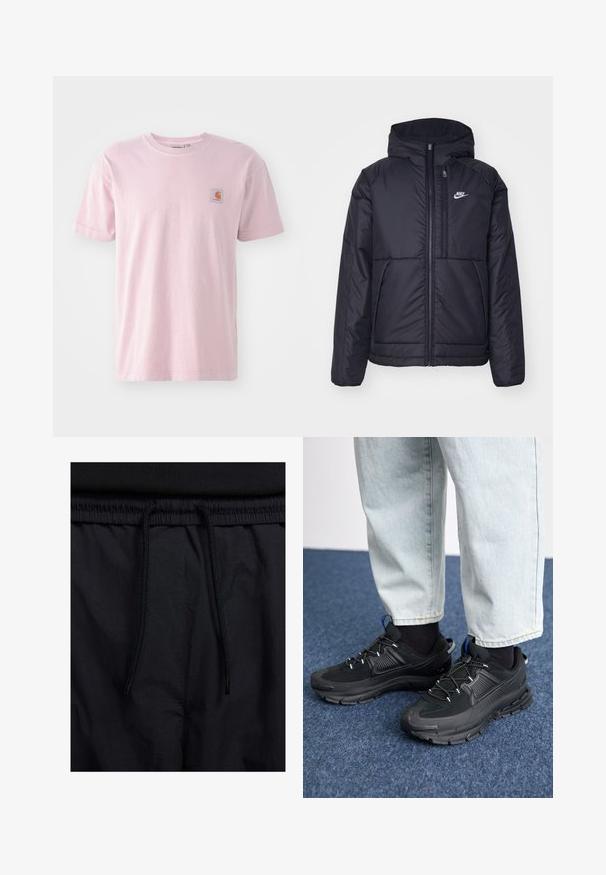 Svart, polstret Nike-jakke med frontglidelås og hette. Har en hvit logo på venstre bryst og doble frontlommer. Glatt ytterside.; Rosa bomull t-skjorte med korte ermer, rund hals og et lite firkantetlogo-patch på venstre brystområde. Glatt tekstur, avslappet passform.; Sorte shorts med snor i livet, lett stoff med en jevn tekstur, og et enkelt design uten synlige logoer eller mønstre.; Svarte sportssko med teksturert stoff og gummisåler, med elastiske lisser og en blå detalj på hælen. Brukt med lyse denimbukser.