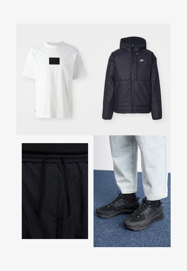 Black, padded Nike jacket with a front zipper and hood. Features a white logo on the left chest and dual front pockets. Smooth exterior texture.; White cotton t-shirt with a black rectangular Nike logo patch on the chest, crew neck, and short sleeves, featuring a straight cut.; Black shorts featuring a drawstring waistband, lightweight fabric with a smooth texture, and a simple design without visible logos or patterns.; Black athletic shoes with textured fabric and rubber soles, featuring elastic laces and a blue accent on the heel. Worn with light denim pants.