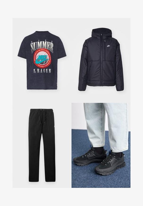 Černá zateplená bunda Nike s předním zipem a kapucí. Na levé straně hrudi má bílé logo a dvojité přední kapsy. Hladký povrch.; Námořnická modrá bavlněná tričko s grafikou "NIKE SUMMER LEAGUE" v bílé a tyrkysové barvě, s designem basketbalového míče a výraznými logy.; Černé teplákové kalhoty vyrobené z fleecu, s elastickým pasem a šňůrkami, dvěma předními kapsami a malým logem na stehně.; Černé sportovní boty s texturovanou tkaninou a gumovou podrážkou, s elastickými tkaničkami a modrým akcentem na patě. Nosí se s světlými džíny.